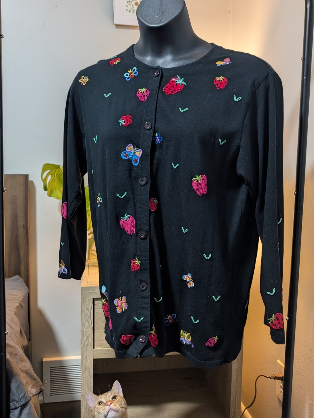 Michael Simon Black Cardigan with Pink Strawberry & Multicolor Embroidery